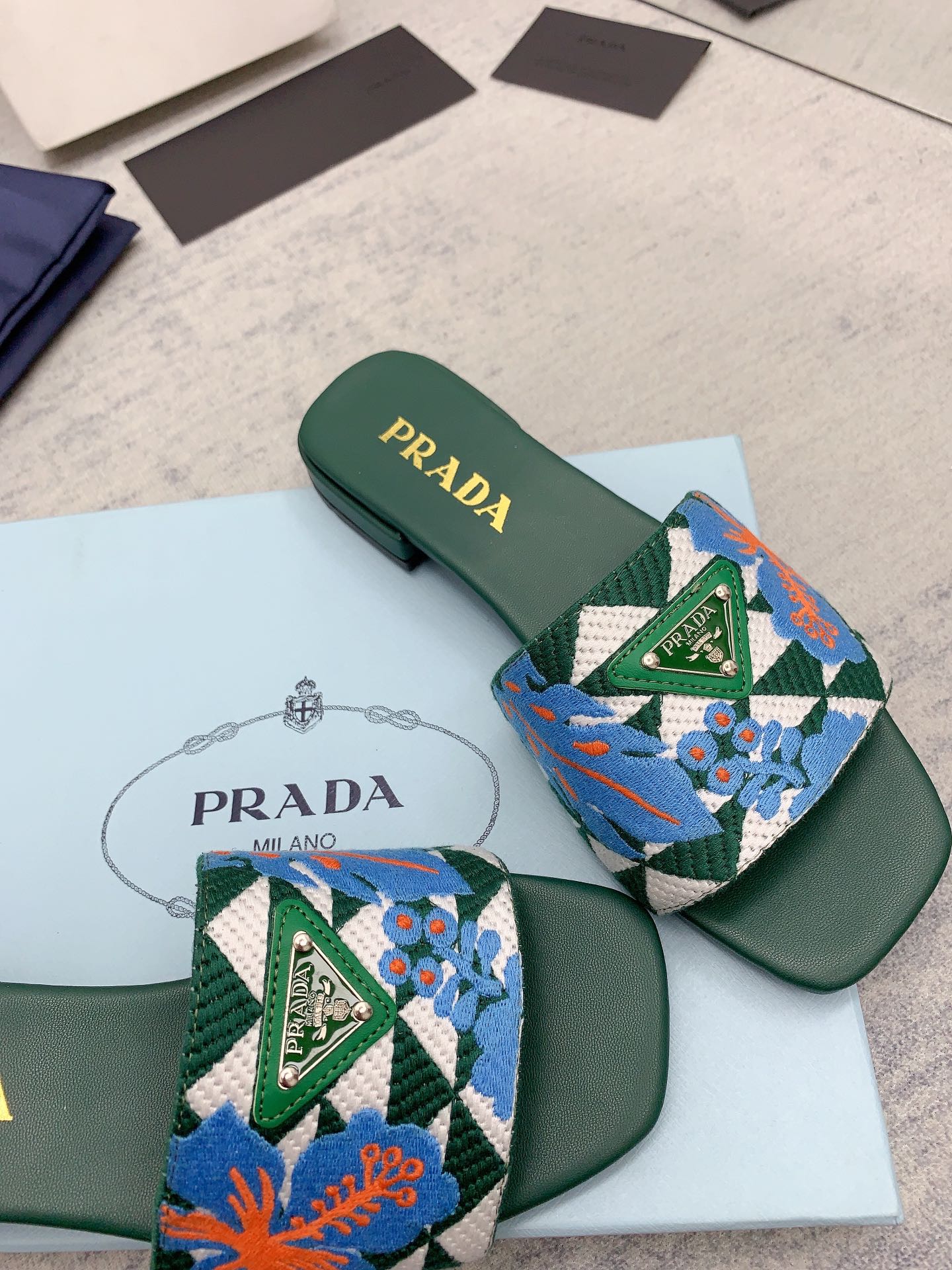 Prada 2026 Slippers Green Blue Embroidery Fabric Sheepskin