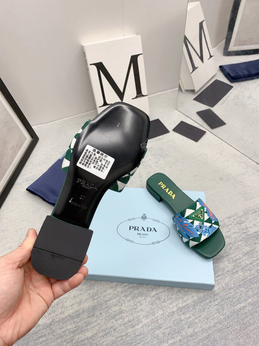 Prada 2026 Slippers Green Blue Embroidery Fabric Sheepskin