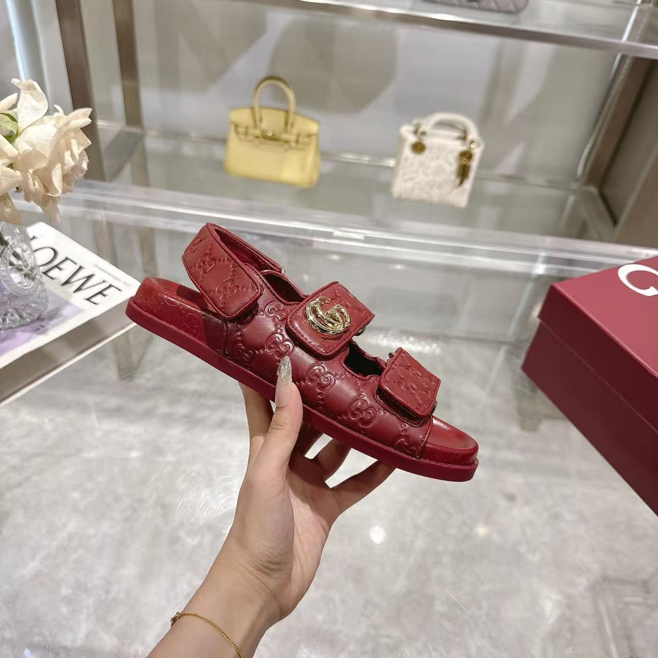 Gucci 2026 Guccissima GG Embossed Sandals Rosso Ancora Red Leather
