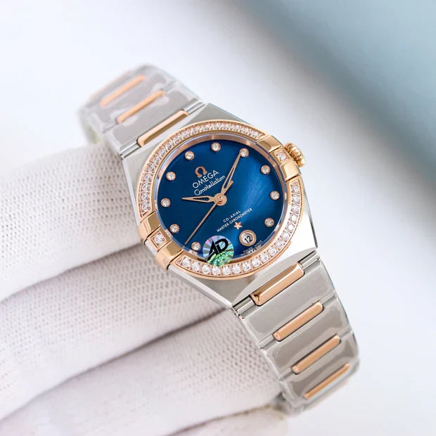 Omega Constellation 29mm Steel Rose Gold Diamond Benzel Blue Dial