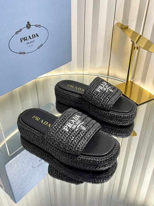Prada 202 Platform Slide Sandals 40mm Woven Raffia 768777