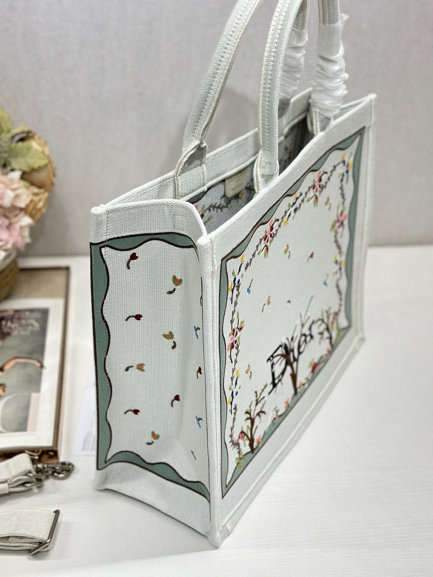 Dior 2026 Book Tote Bag With Multicolored White Revolution Flowers Embroidery Canvas