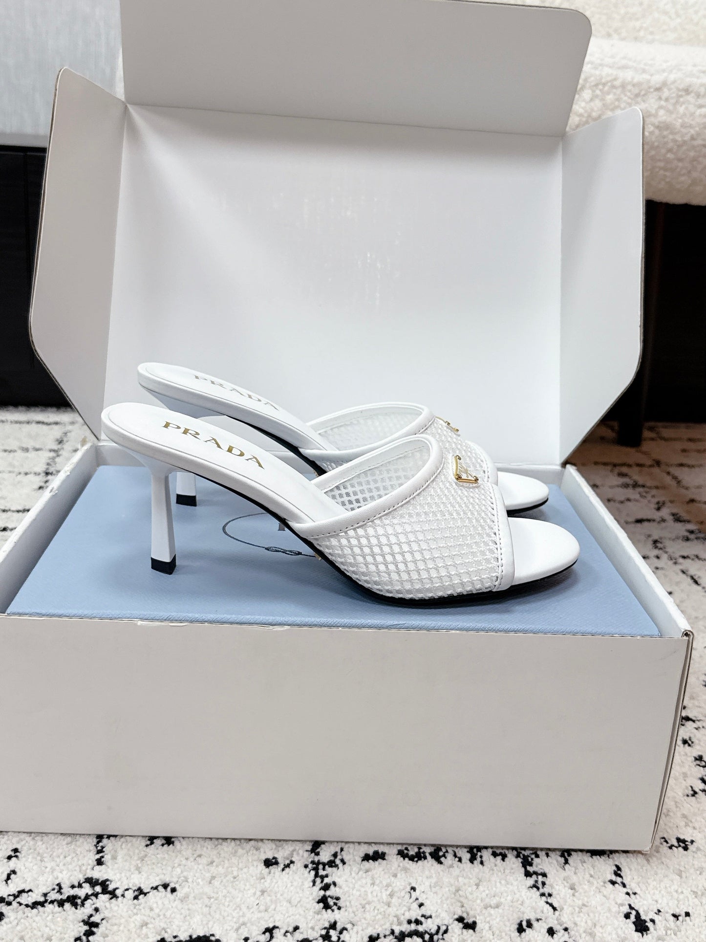 Prada 2026 Triangle Logo High-Heeled Slides 75mm Mesh Leather 769832