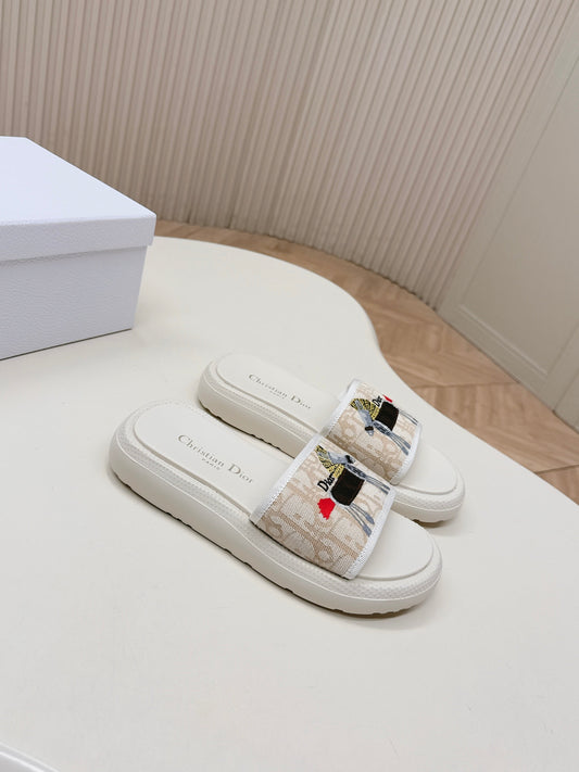 CD 26s Slippers White Beige Canvas Lambskin 643803
