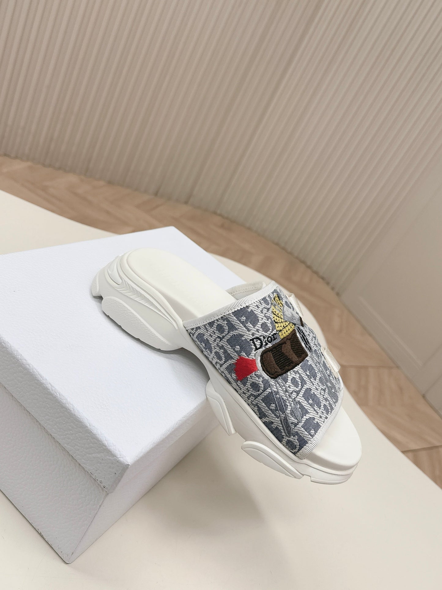 CD 26s Platform Slippers 35 Blue White Canvas Lambskin 643809