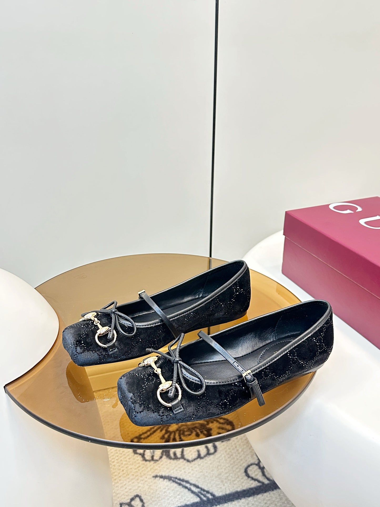GG 26SS Ballet Flats Rhinestone Black Velvet Sheepskin 645700