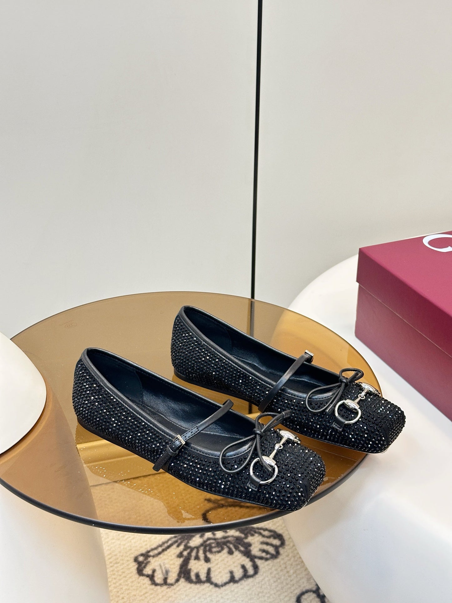GG 26SS Ballet Flats Rhinestone Black Satin Sheepskin 645704
