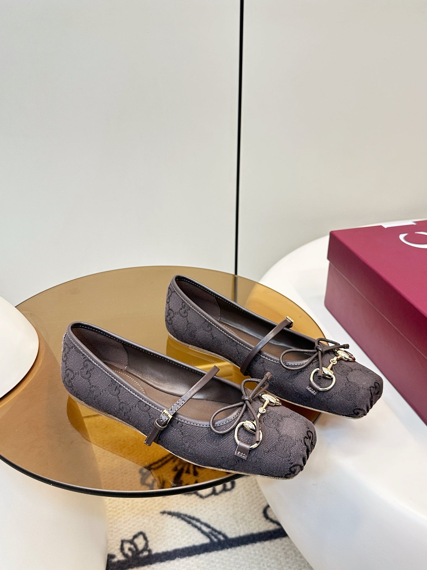 GG 26SS Ballet Flats Dark Brown Monogram Fabric Sheepskin 645711