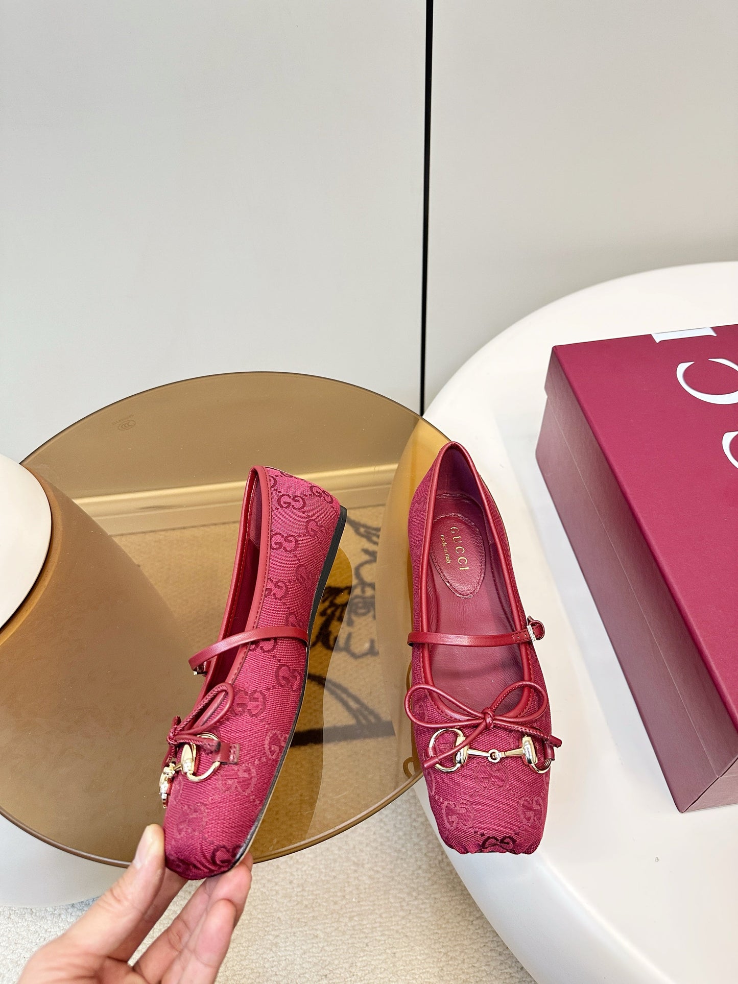 GG 26SS Ballet Flats Burgundy Monogram Fabric Sheepskin 645712