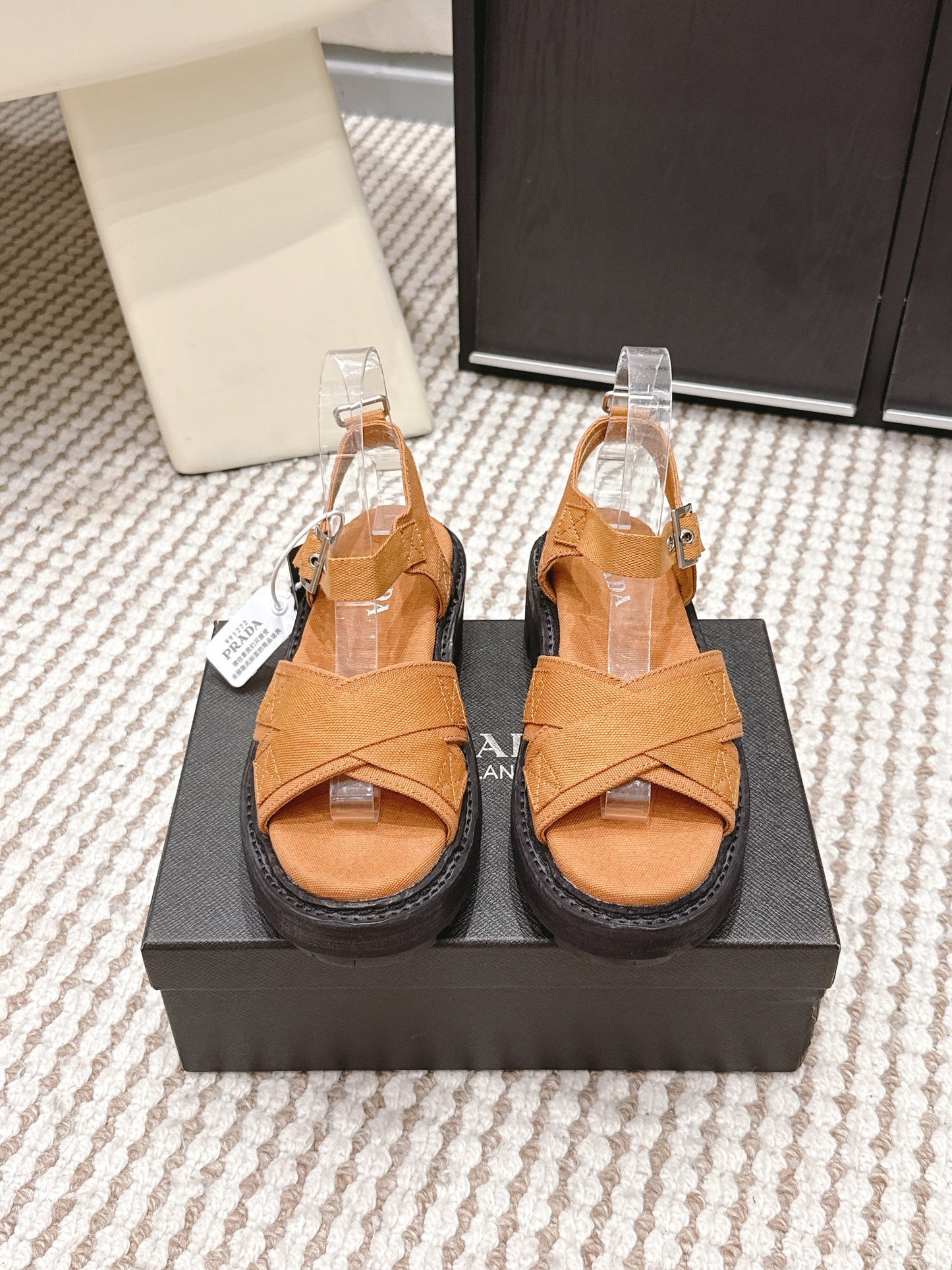 PRA 2026S Platform Sandals Camel Brown Black Canvas 657525