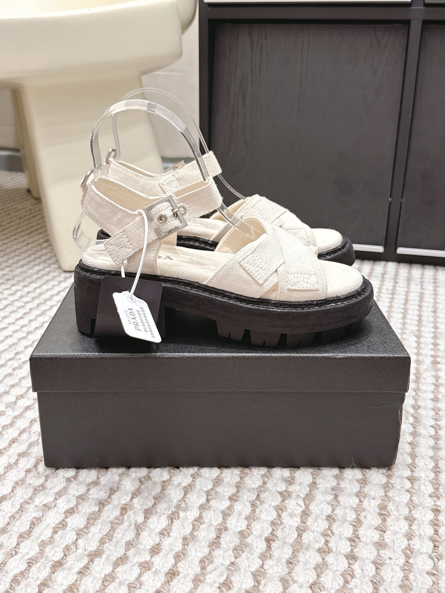 PRA 2026S Platform Sandals White Black Canvas 657527