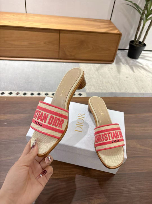 CD 26s Embroidered Sandals Beige Red Canvas Sheepskin 664315