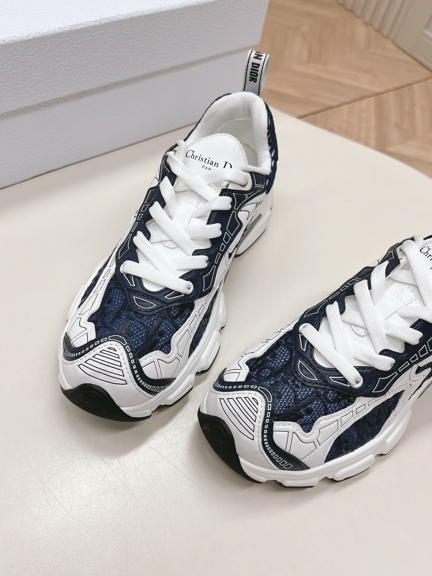 CD 26s Chrono Sneakers White Navy Blue Cowhide Mesh 643751
