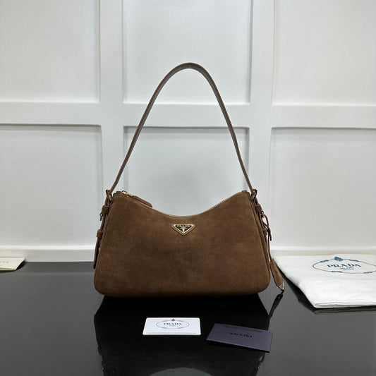 Prada 2026 Aimee Shoulder Bag Brown Suede Calfskin