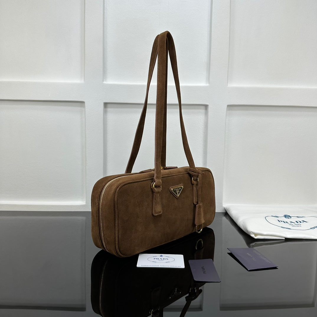 Prada 2026 Hobo Bowling Shoulder Bag 27cm Brown Suede Calfskin