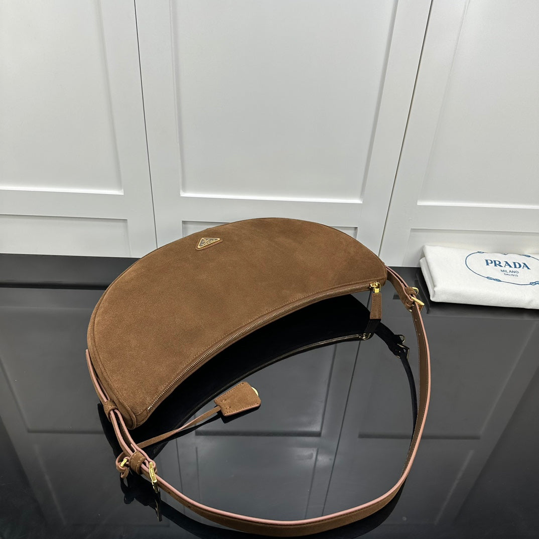 Prada 2026 Large Demi-Lune Shoulder Bag 42cm Brown Suede