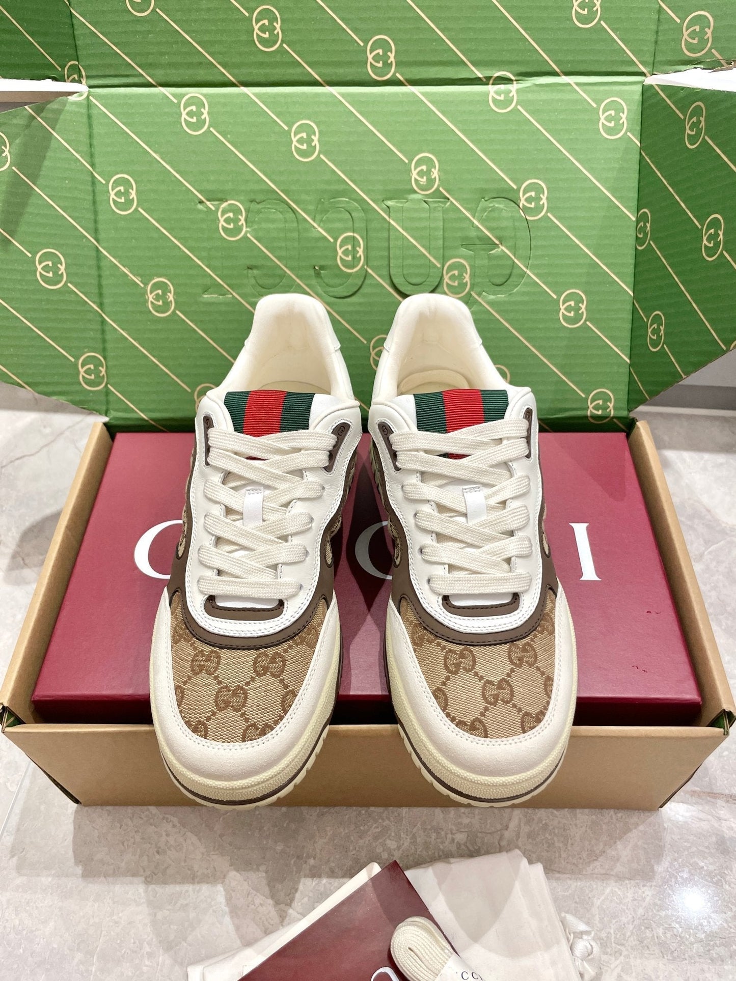 GG 26 Sneaker White Beige Brown Canvas Suede 632876