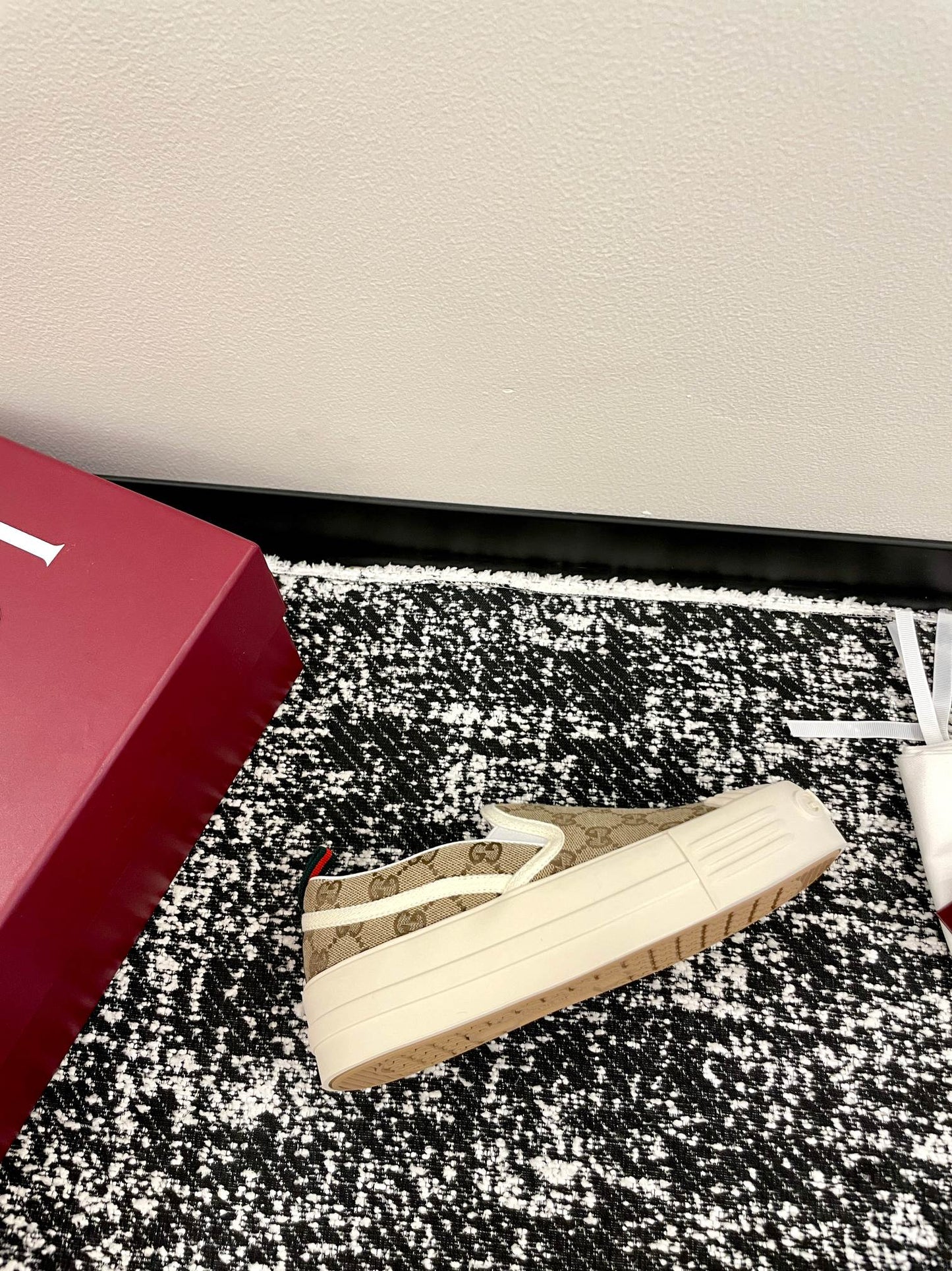 GG 26 Platform Loafers Beige White Monogram Denim 632826