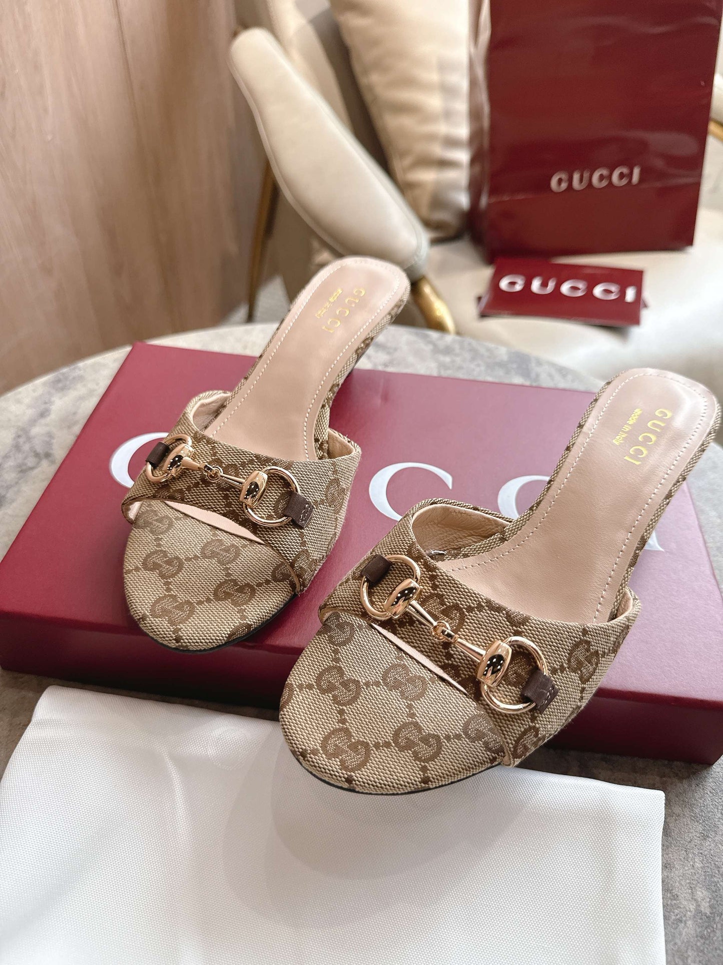 Gucci 2026 Horsebit High-Heeled Sandals Beige Canvas Leather