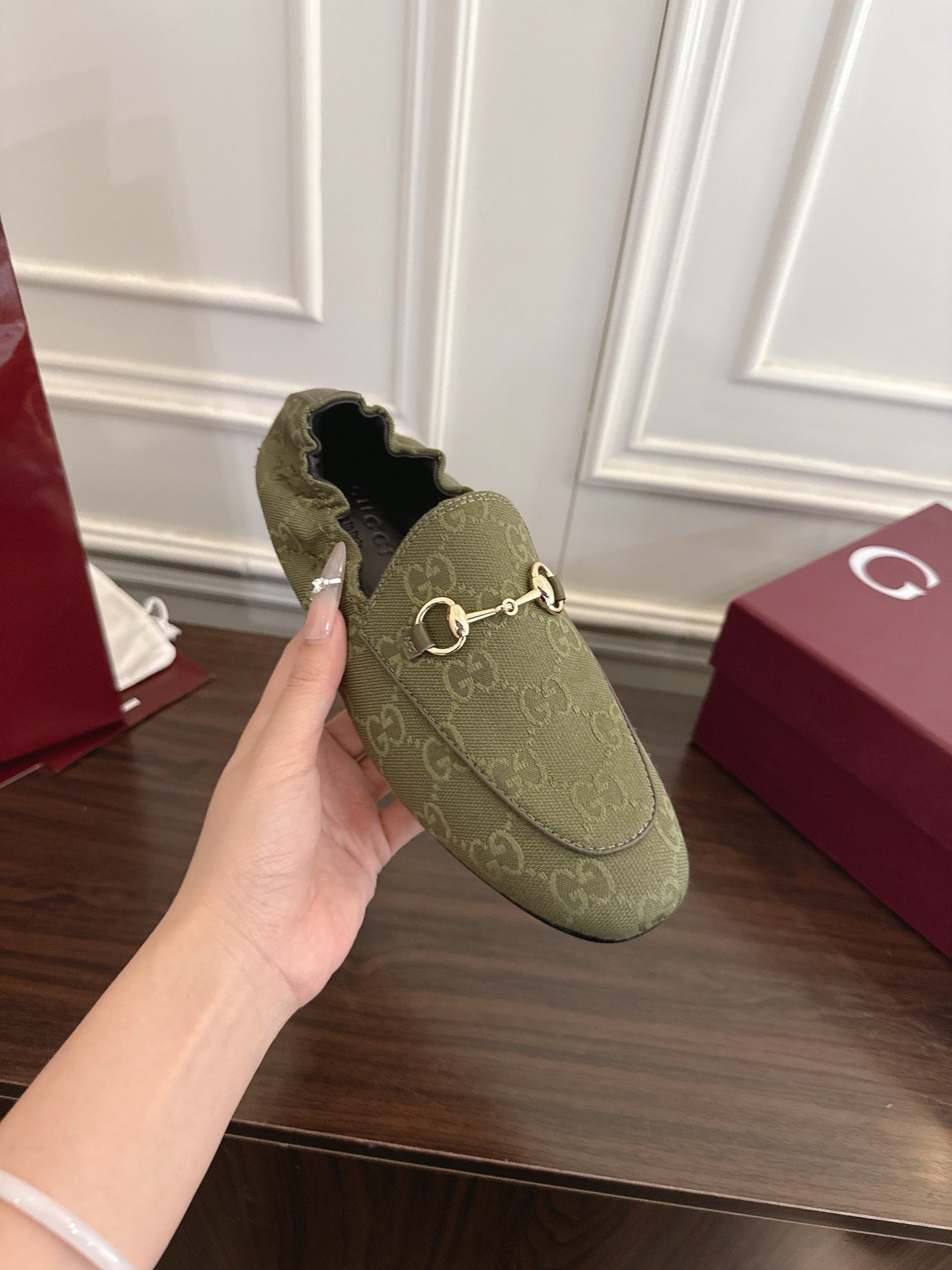 GG 26SS Loafers Olive Green Monogram Canvas Leather 645956