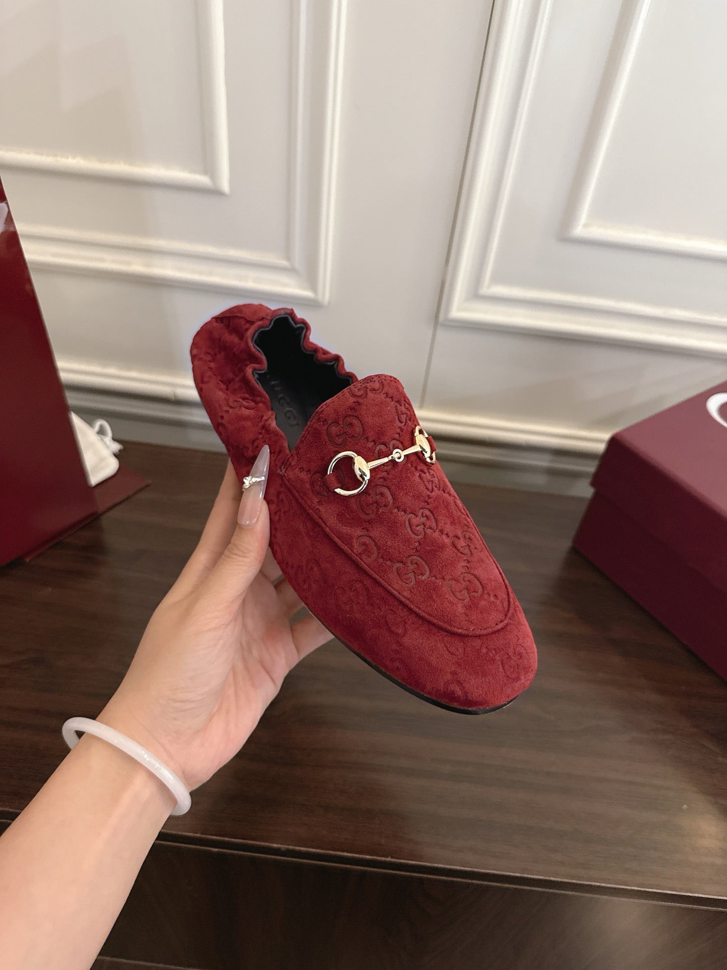 GG 26SS Loafers Burgundy Monogram Suede Leather 645957