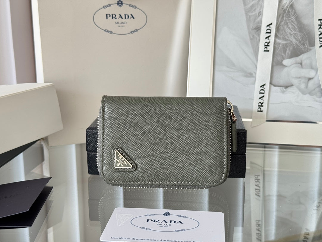 Prada 2026 Cardholder Zipper Bag 10cm Logo Silver Calfskin