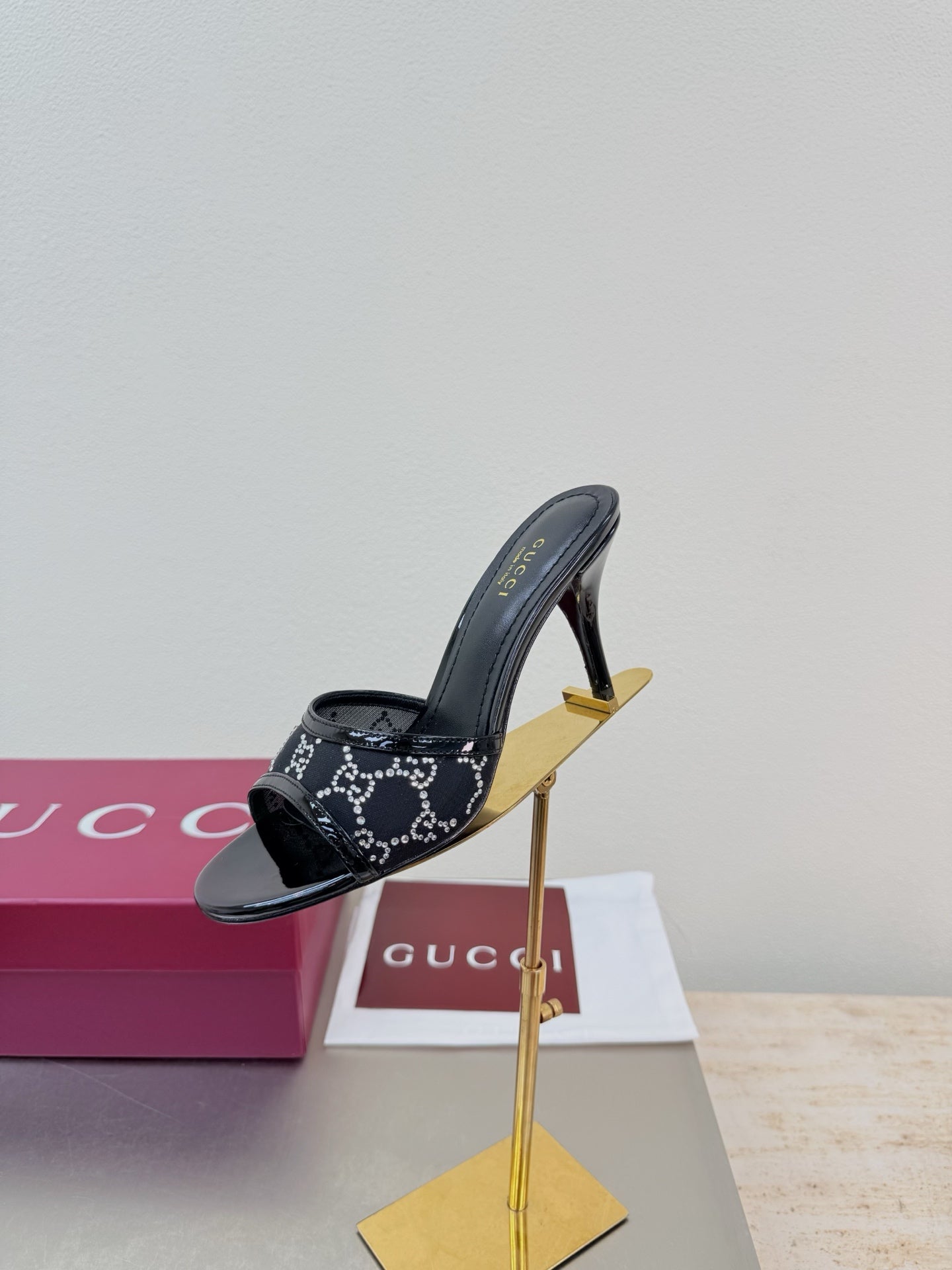 Gucci 2026 Erin GG Embellished Leather-trimmed Mules Black Mesh Leather