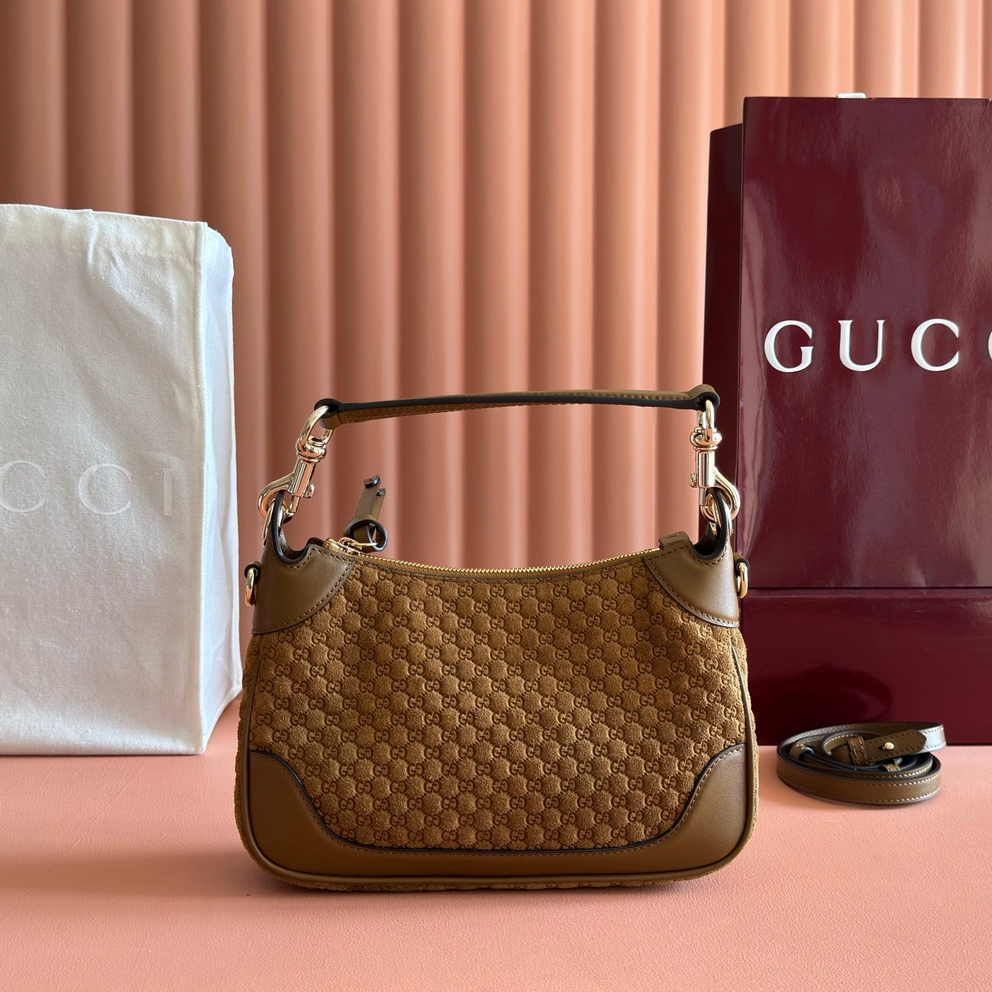 Gucci 2026 B Shoulder Bag 25cm Brown Gold Suede Leather