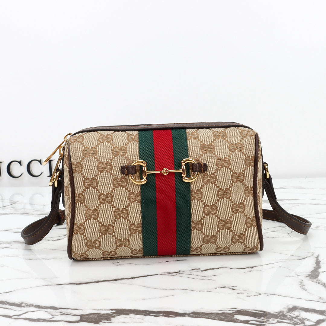 Gucci 2026 Horsebit Web Camera Bag 22cm Sand mix Brown Canvas Leather