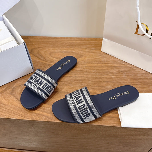 CD 26s Embroidered Sandals Navy Blue Canvas Leather 685606