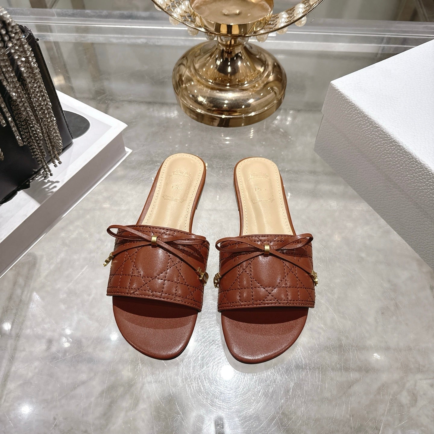 CD 26 Embroidered Slippers Brown Beige Sheepskin 679667