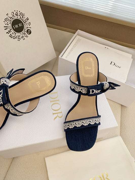 CD 26s High Heel Sandal 100 Navy Blue Canvas Sheepskin 664177