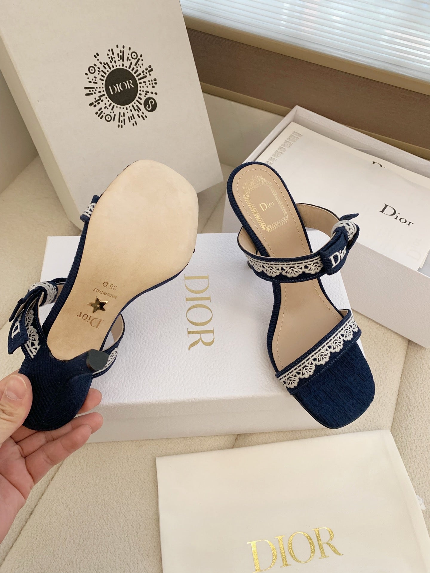 CD 26s High Heel Sandal 100 Navy Blue Canvas Sheepskin 664177