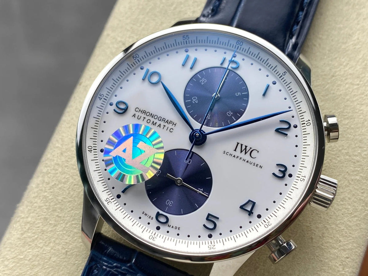 IWC Portuguese 41mm White Blue Dial Steel Case Navy Blue Crocodile Leather
