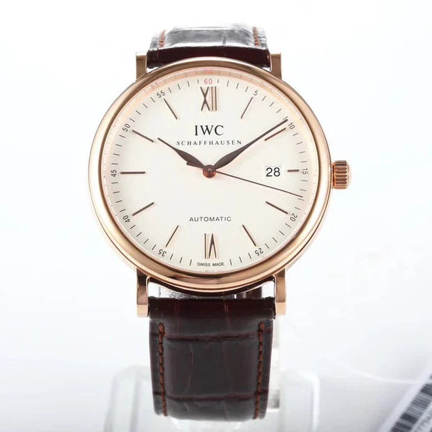 IWC Portofino 40mm White Dial Pink Gold Case Brown Crocodile Leather
