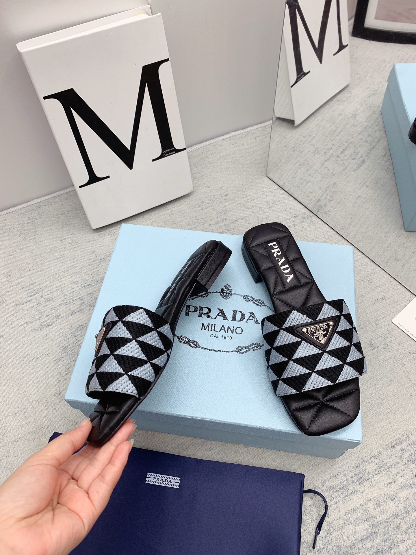 Prada 2026 Slippers Embroidery Fabric Sheepskin 731070