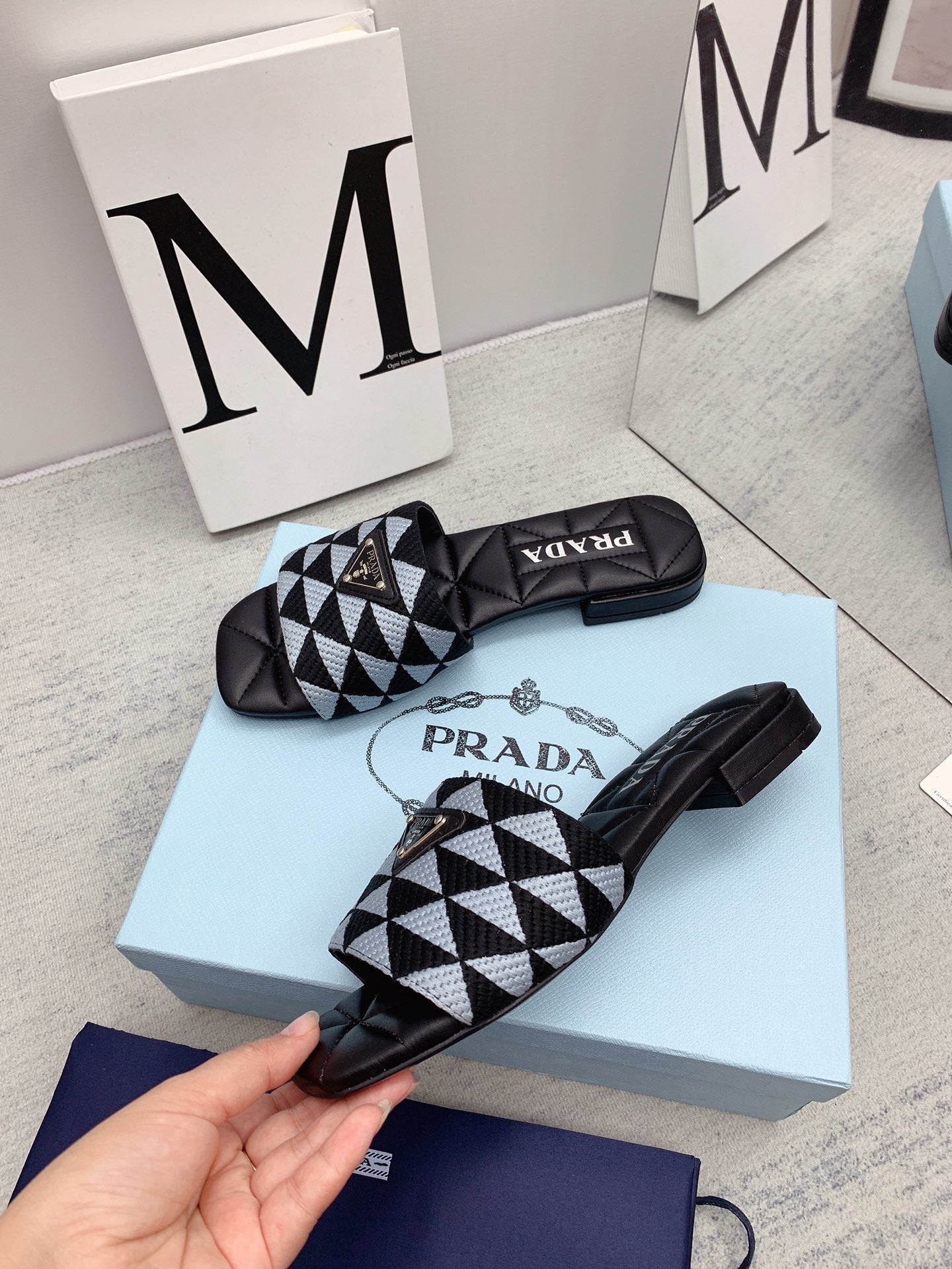 Prada 2026 Slippers Embroidery Fabric Sheepskin 731070