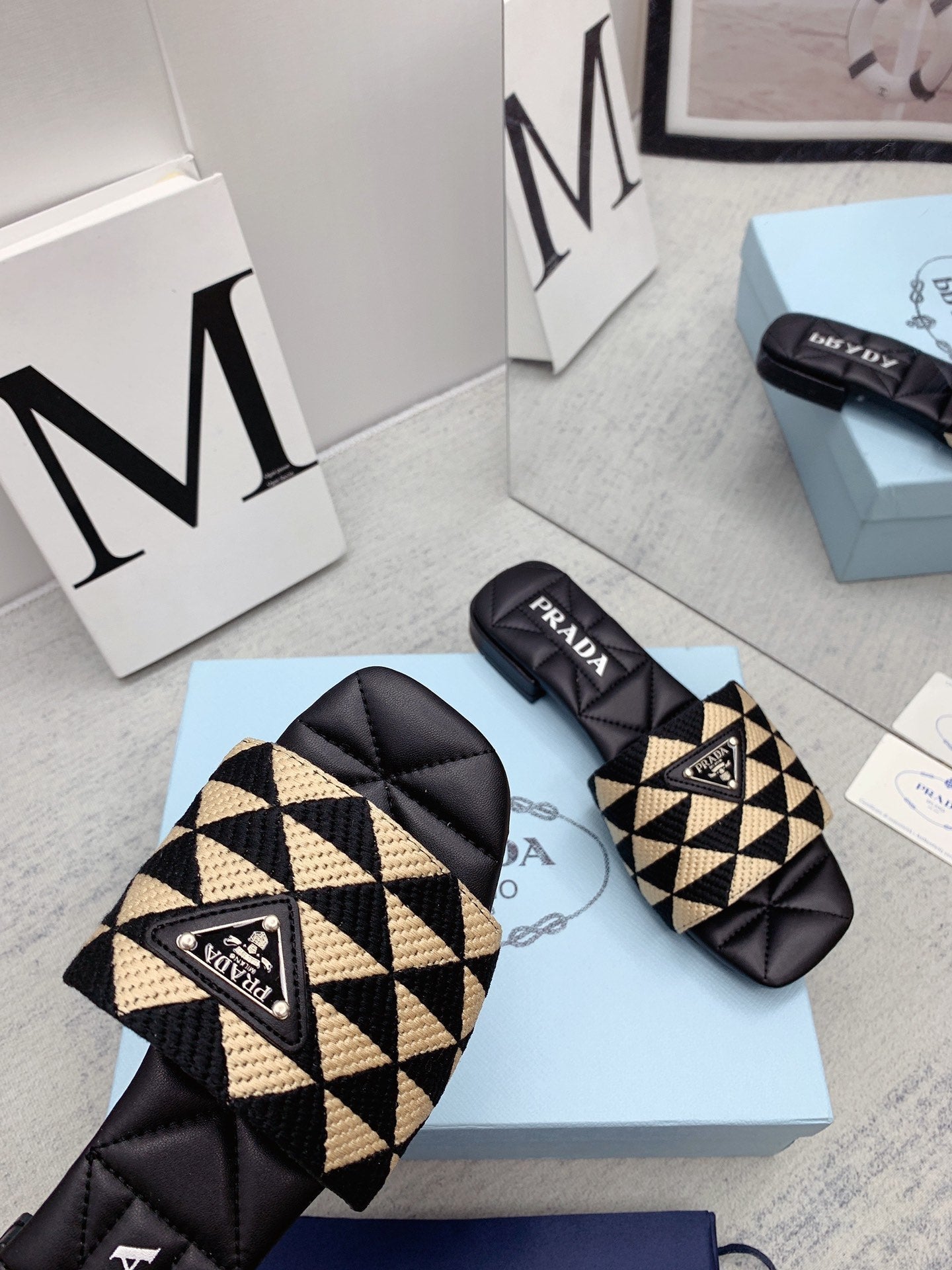Prada 2026 Slippers Black Beige Sheepskin 731198