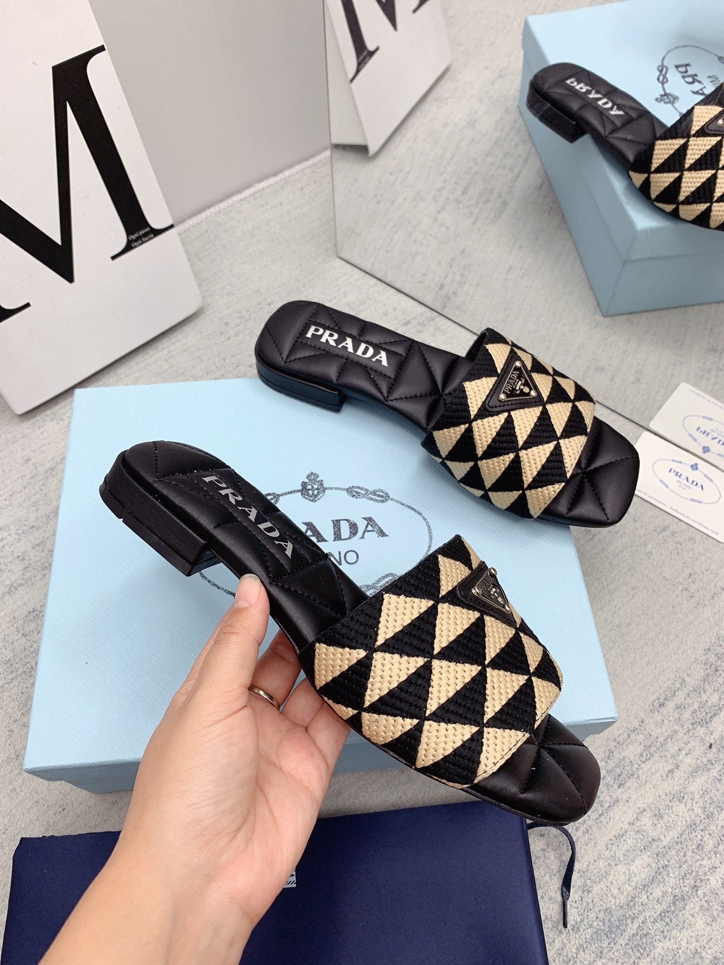 Prada 2026 Slippers Black Beige Sheepskin 731198