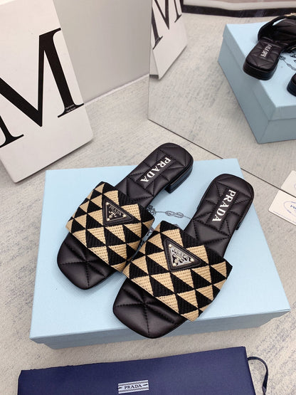 Prada 2026 Slippers Black Beige Sheepskin 731198