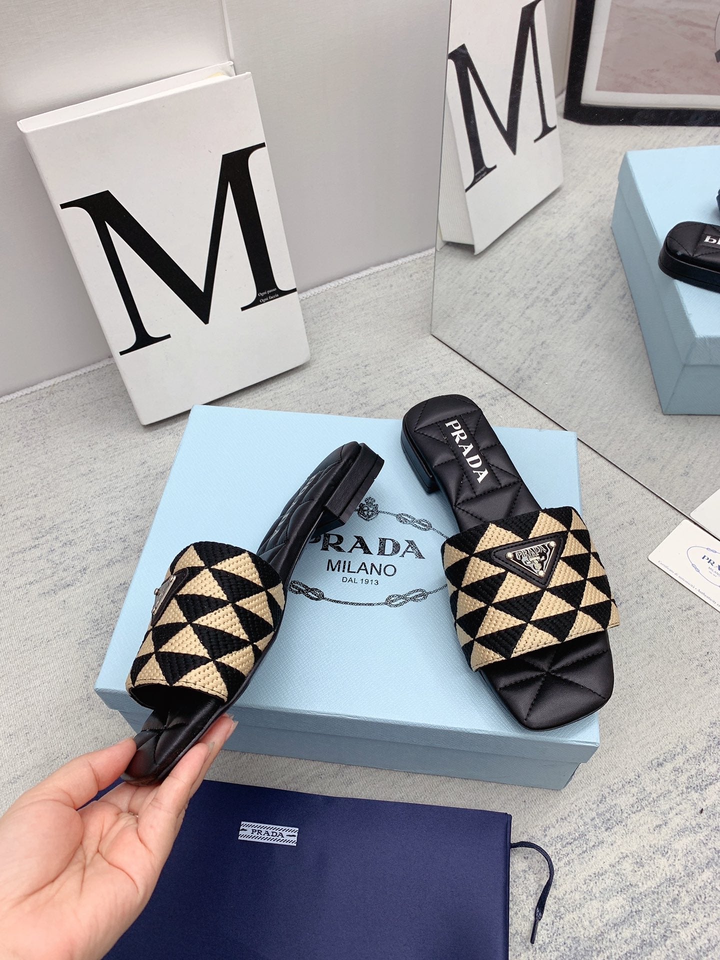 Prada 2026 Slippers Black Beige Sheepskin 731198