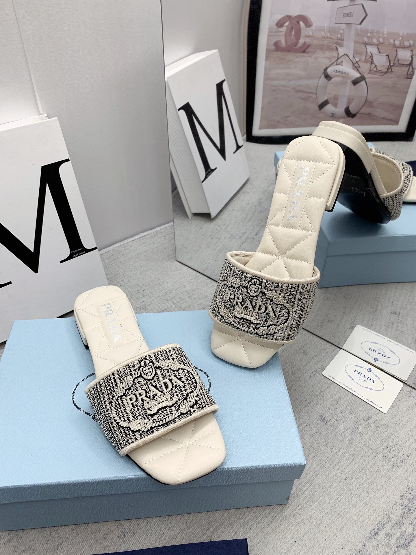 Prada 2026 Slippers Embroidery Canvas Sheepskin 731065