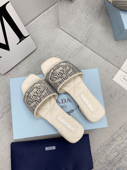 Prada 2026 Slippers Embroidery Canvas Sheepskin 731065