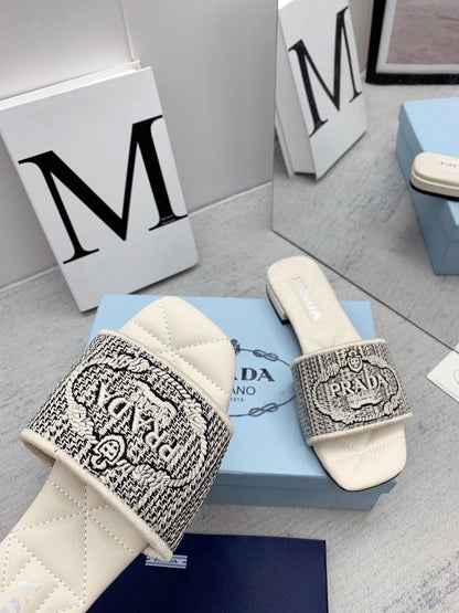 Prada 2026 Slippers Embroidery Canvas Sheepskin 731065