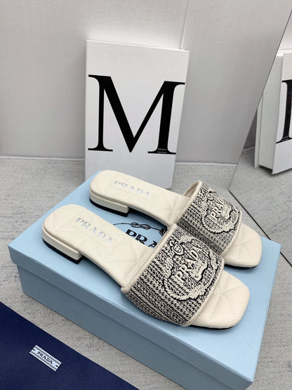 Prada 2026 Slippers Embroidery Canvas Sheepskin 731065