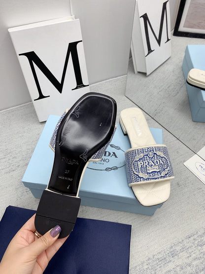 Prada 2026 Slippers Embroidery Canvas Sheepskin 731065