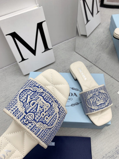 Prada 2026 Slippers Embroidery Canvas Sheepskin 731065