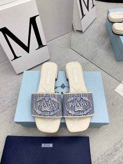 Prada 2026 Slippers Embroidery Canvas Sheepskin 731065