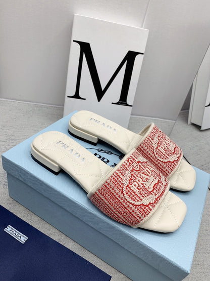 Prada 2026 Slippers Embroidery Canvas Sheepskin 731065