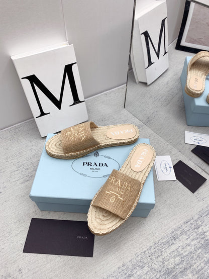 Prada 2026 Slippers Beige Raffia Rope Sole 731178